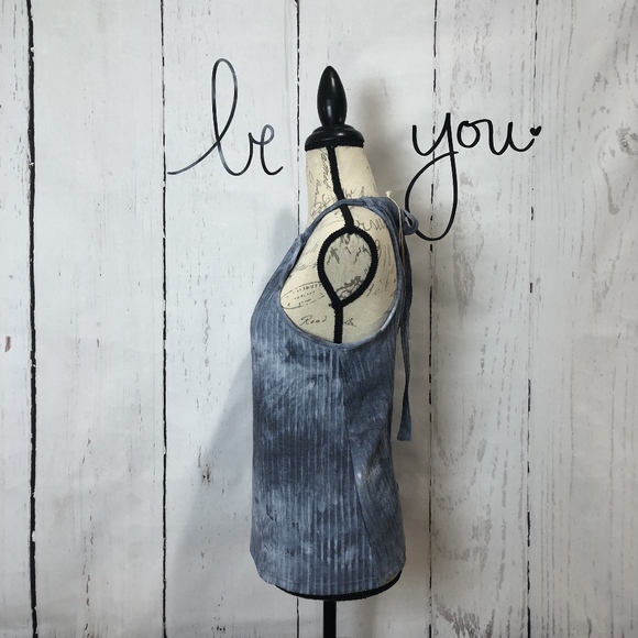 Blue Gray High Neck Back Tie, Tie Dye Top - Picture 2 of 7